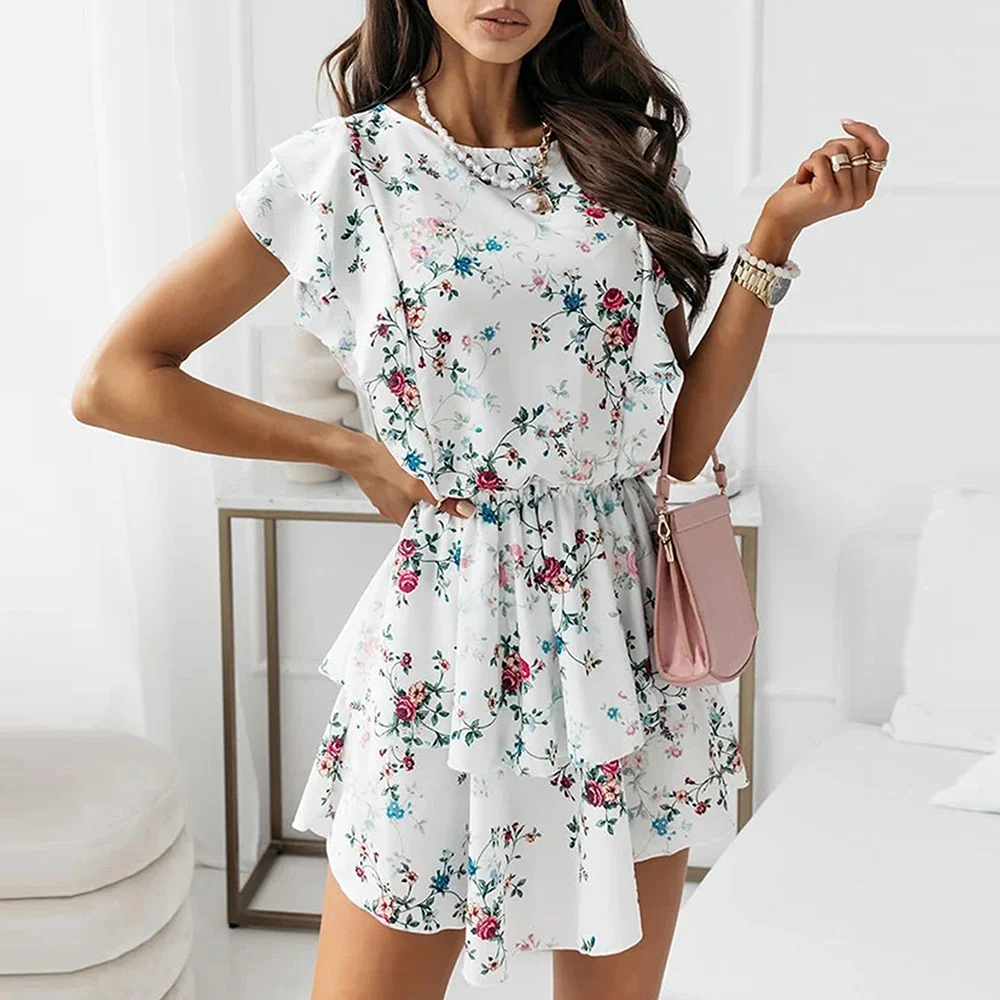 

Woman Sexy Floral Print Mini Dress Summer Casual Ruffles Short Sleeve Ladies Round Neck Pleated Dresses Slim Waist For Women D30