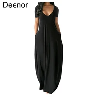 deenor fashion summer maxi dress for women solid color casual short sleeve vestidos female high waist robe femme plus size 5xl