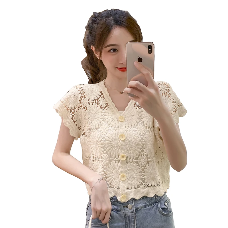 

COIGARSAM Fashion Lace Shirt Womens tops New Summer Single Breasted Hollow Out Women shirts Apricot White 601