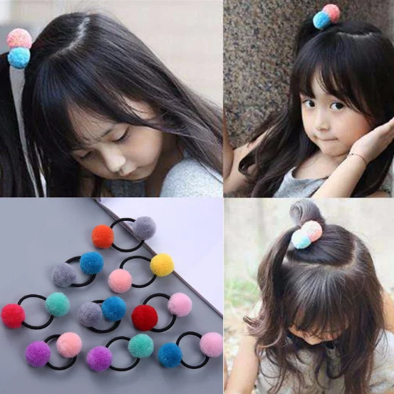16 Pcs 8 Pairs Colored Pom Ball Elastic Hair Ties Girls' Ponytail Holder Kids Hair Bands Accessories Children's Hair Accessories