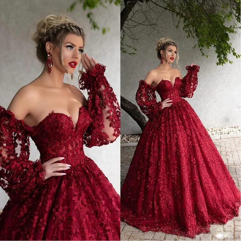 

2020 New Arrival Burgundy Full Lace Strapless Evening Dresses Long Sleeves 3D Applique Arabic Prom Gowns robes de soiree