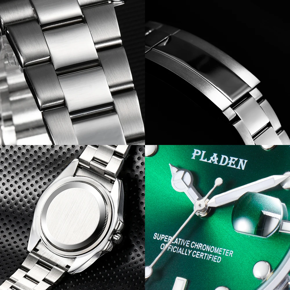 

PLADEN Luminous Luxury Men's Watch Green Diamond Waterproof Stainless Steel Quartz Wristwatch Man High Quality Rolexable Datejus