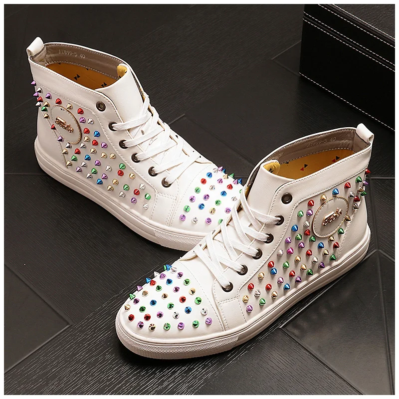 New luxury designer sneakers Men colorful Studded Rivet Spike Casual Flats high tops rock punk Shoes Male Moccasins Loafers | Обувь