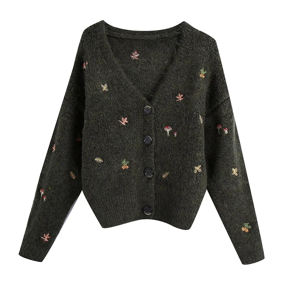 

2021 Za New Women Fashion Floral Embroidery Knitted Cardigan Sweater Vintage V Neck Long Sleeve Female Outerwear Chic Tops