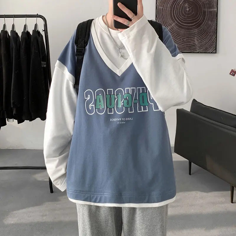 

Футболка мужская оверсайз с длинным рукавом и надписью, повседневная спортивная рубашка с имитацией двух предметов, свободная дышащая одеж...