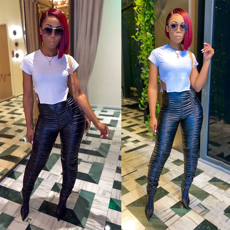 

HAOOHU 2020 winter new women's faux leather fashion sexy solid pleated high waist tight slim full PU pencil pants