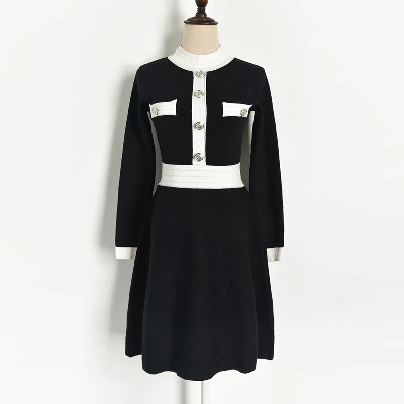

Women Black Sweater Dress 2021 Autumn Winter Stand Collar Single Breasted Long Sleeve Dress Elegant A-line Short Knitted Dress