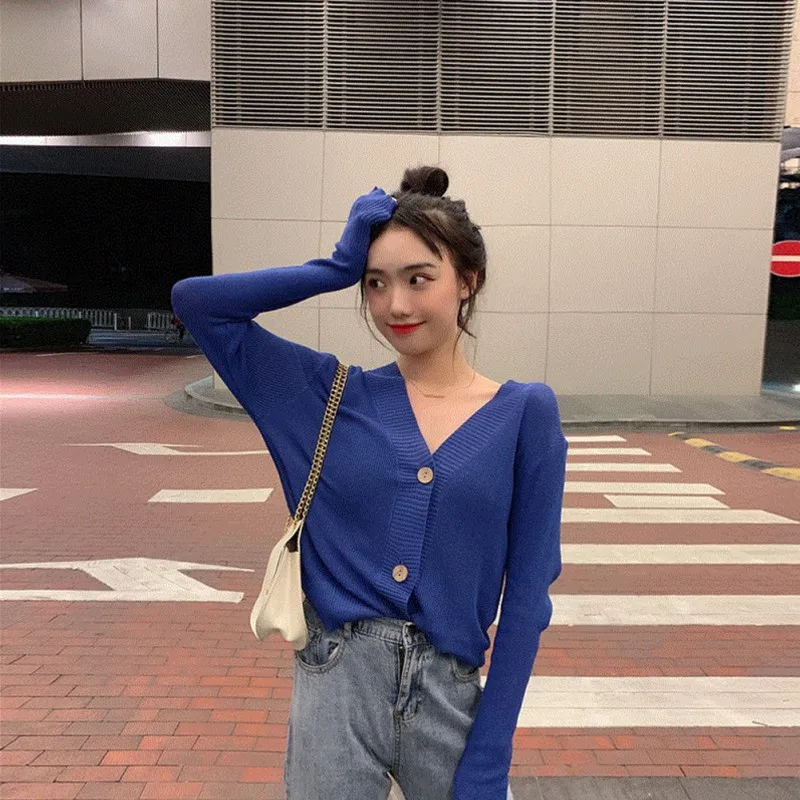 

Hot Women knitting Sweater Fashion Simple Button Solid Color Knit Short Cardigan Long Sleeve Casual Warm Loose Sweaters Hot