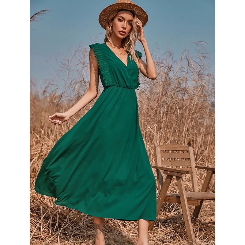 

Casual Summer Long Dress Women 2021 Sleeveless Ruffles Green A-Line Dress Office Lady Elegant V-Neck Maxi Dress Vestido Mujer