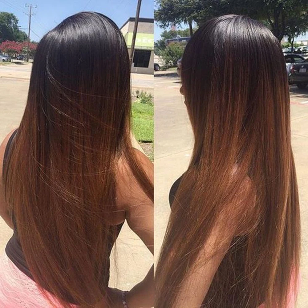 

Silky Straight 24Inch Preplucked Remy Ombre Dark Brown 13x4 Lace Front Wig With Babyhair Human Hair Wig For Women Bleached Knots