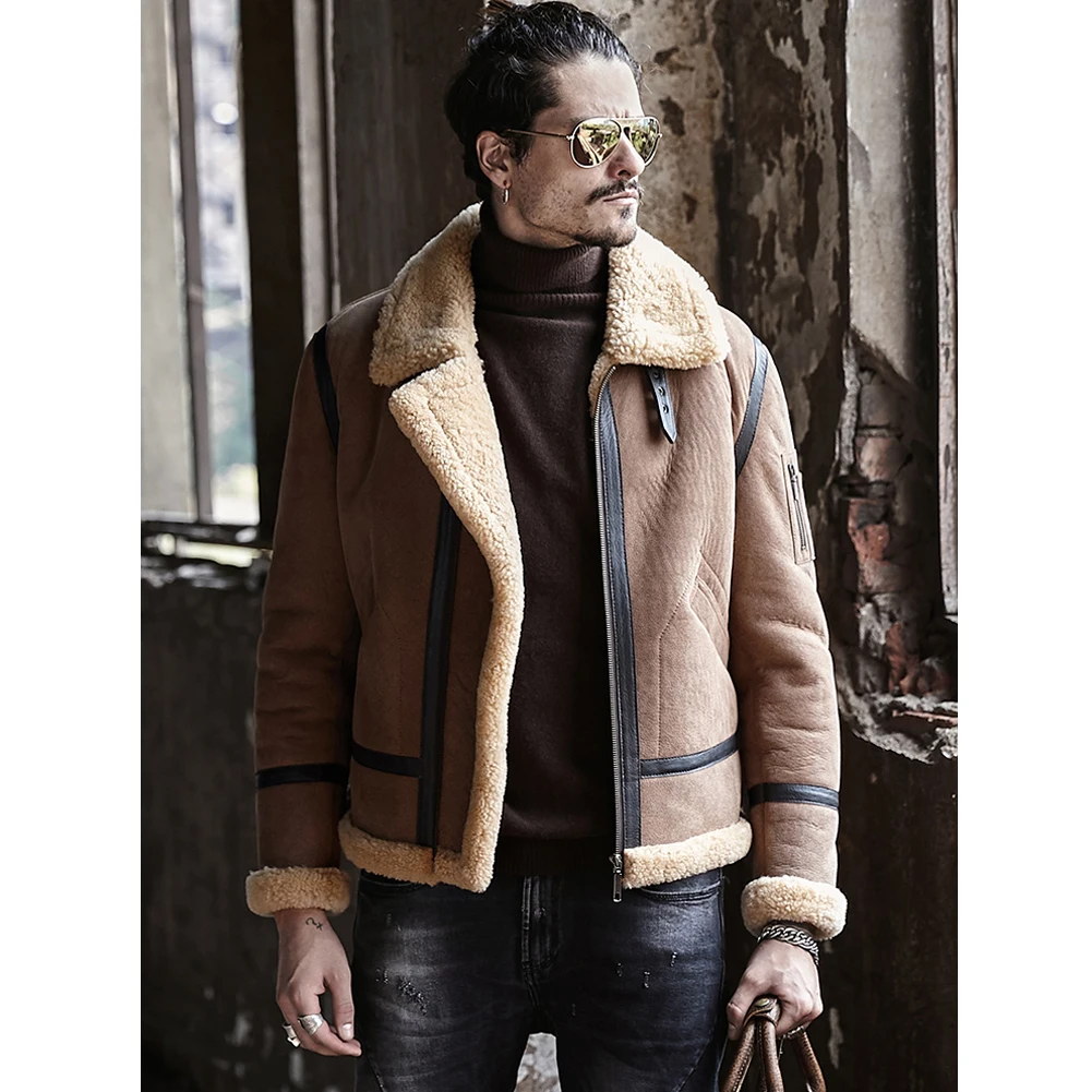 Новинка 2019 мужская куртка B3 из овчины Короткая кожаная меховое пальто плотное