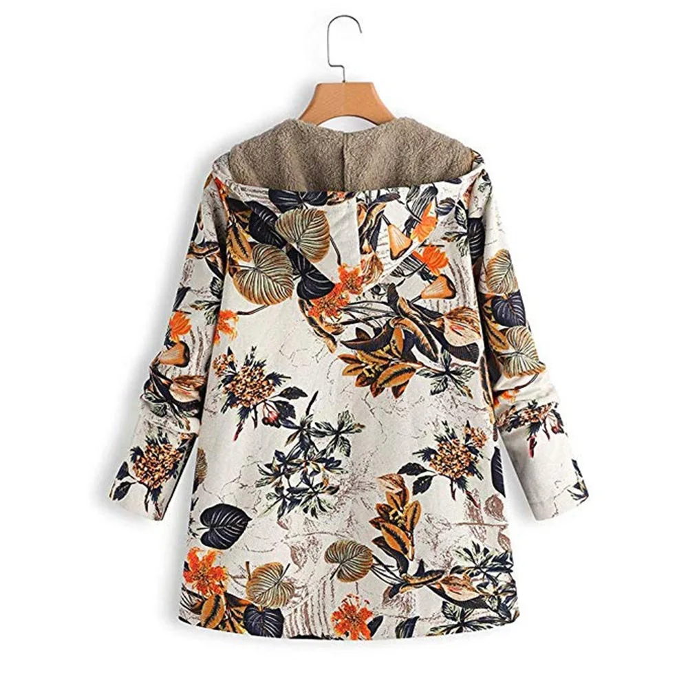Women's Jacket Cotton and Linen Sweater Plus Velvet Thick Warm Cotton Jacket Hot Sale Floral Print Hooded Plush Jacket Women