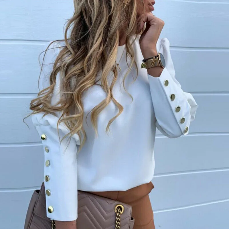 

2020 Work Wear Women Blouses Long Sleeve Back Metal Buttons Shirt Casual O Neck Printed Plus Size Tops Fall Blouse Drop Shipping