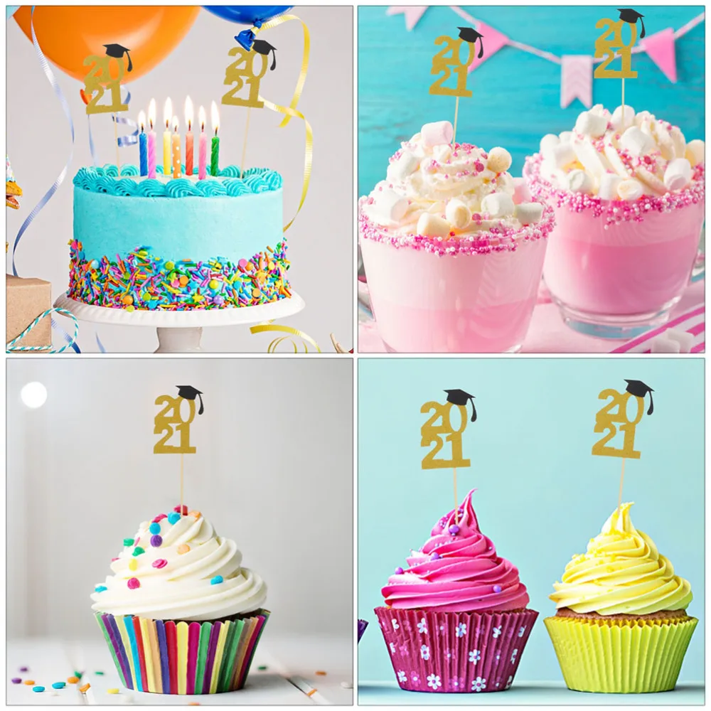 

36pcs 2021 Graduation Season Doctoral Cap Glittery Cake Decorations Cake Toppers