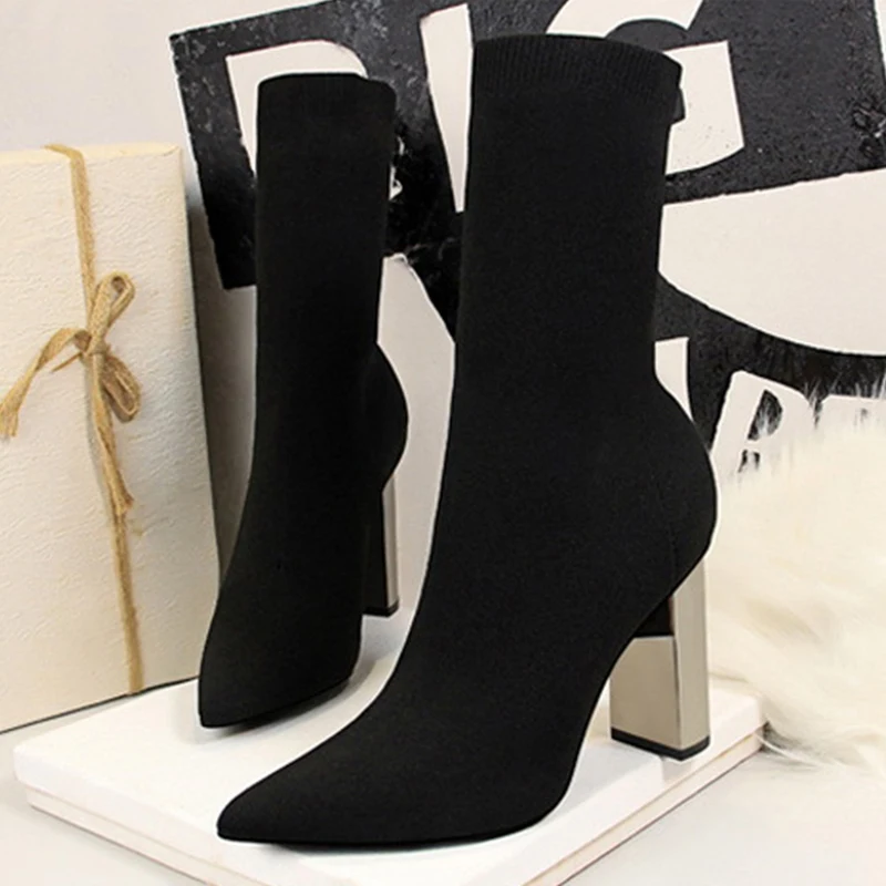 

Mid-Calf Boots 2021 New Stretch Fabric Women Boots Winter Shoes Bling Sock Boots Shoes Sexy High Heel Boots Ladies Botas Mujer