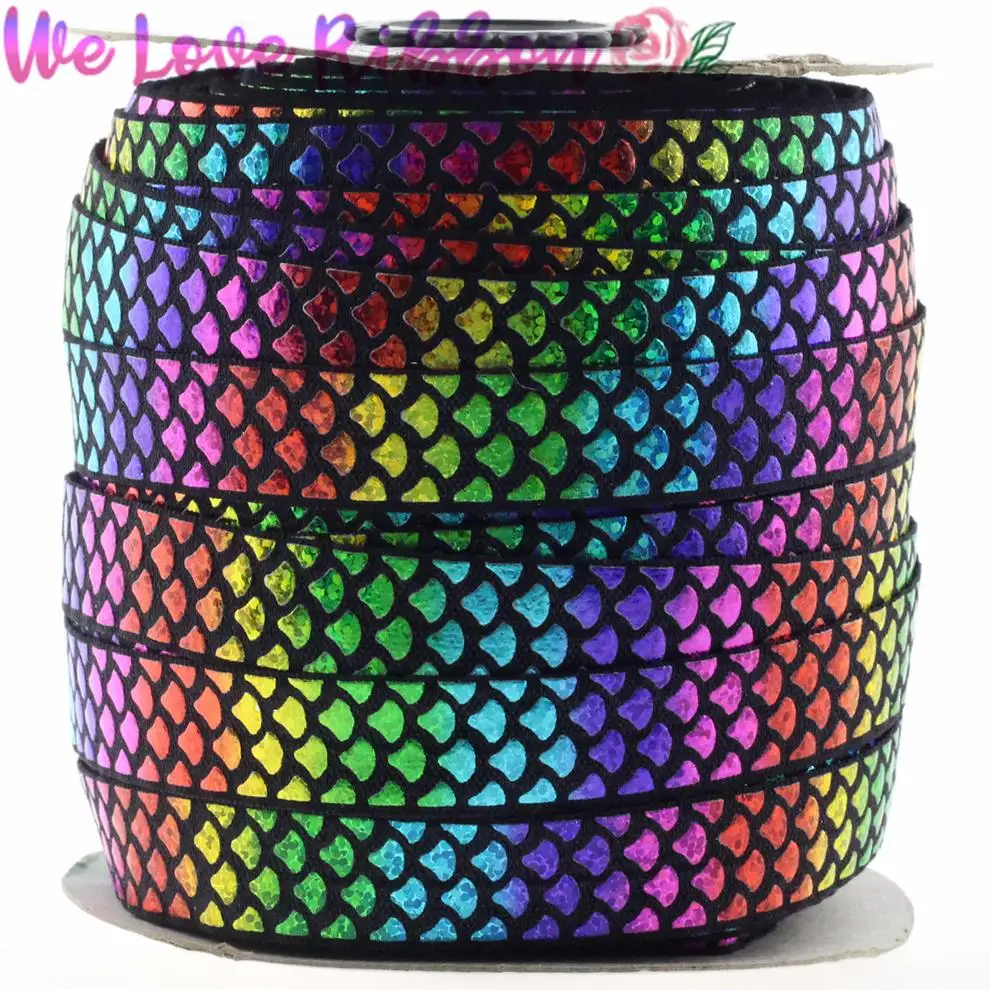 5/8&quot16mm 10yards/roll Stock Sale Scale Patterns Hologram Rainbow Foil Printed Fold Over Elastic Ribbon Handmade Party Decor | Дом и сад