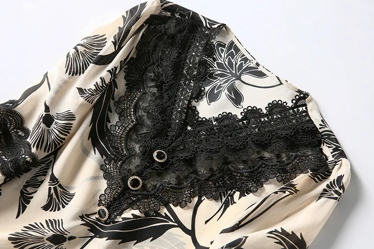 

Europe and the United States women's clothing New spring 2021 Long-sleeved lace v-neck retro print Fashion silk shirt