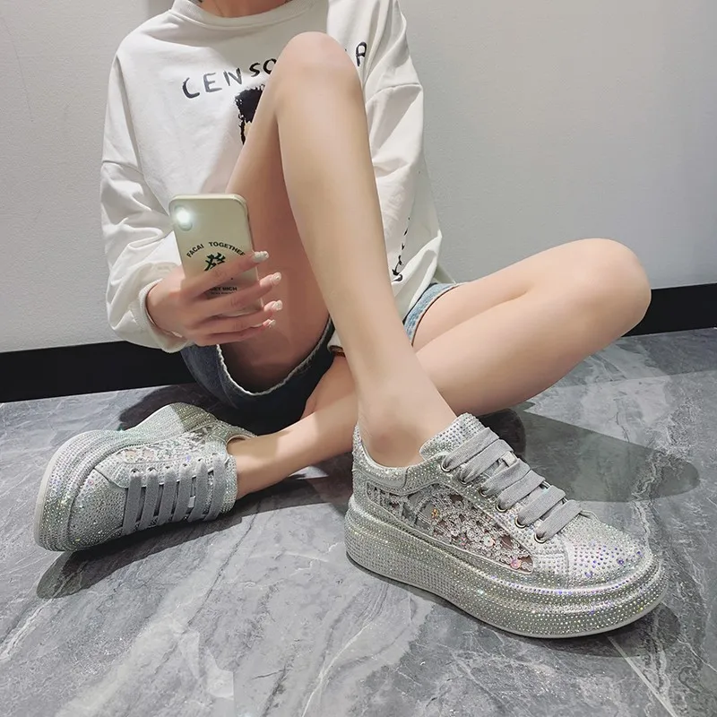 

Women Bling Chunky Sneakers 2021 Summer High Platform Ladies Gold Silver Casual Shoes Wedges Breathable Sports Flats Shoes Woman