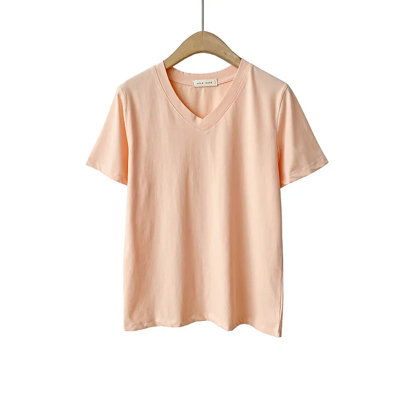 

Summer Casual Short Sleeve V-neck Cotton T-shirt Women Short Sleeve Candy Color Female Slim Tees Fashion 2021 New