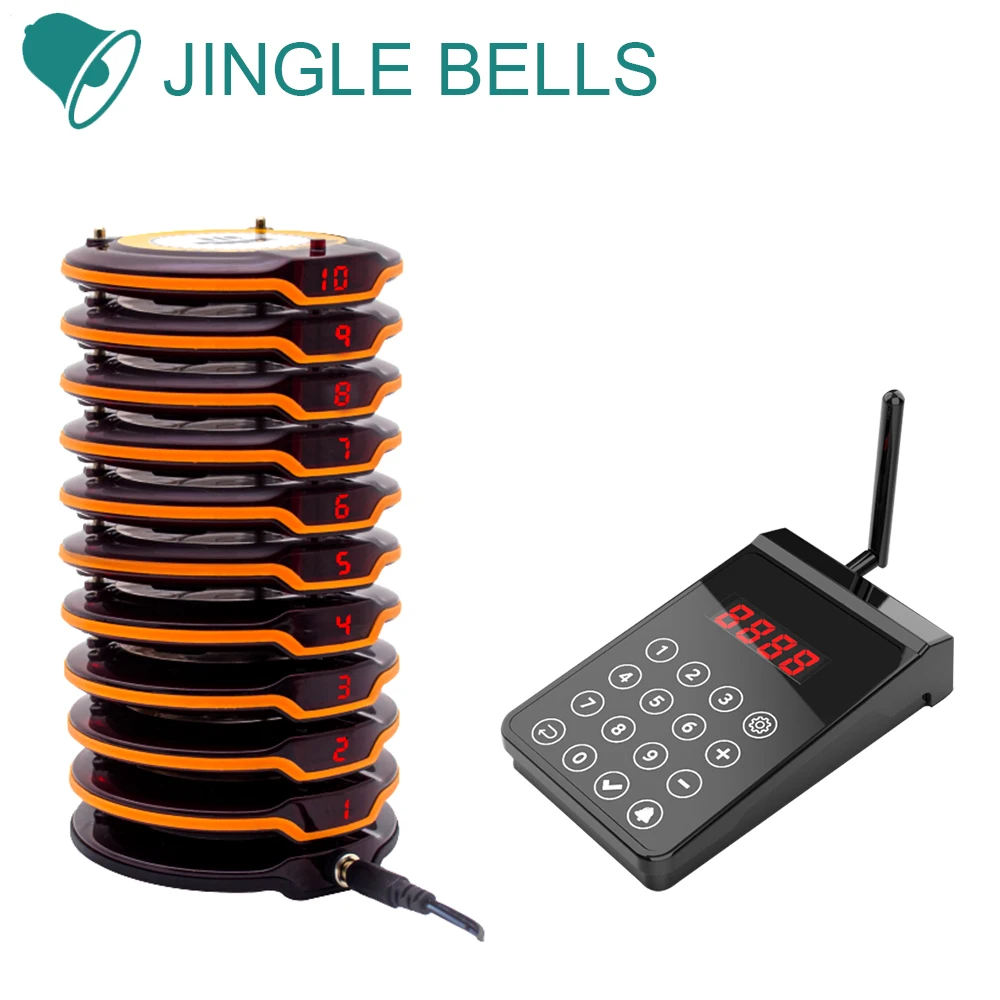 JINGLE BELLS Wireless Coaster Buzzers Paging System 1 Keyboard 10 Pagers 1 Charger Wireless Calling Queue Waiter Church Nursery