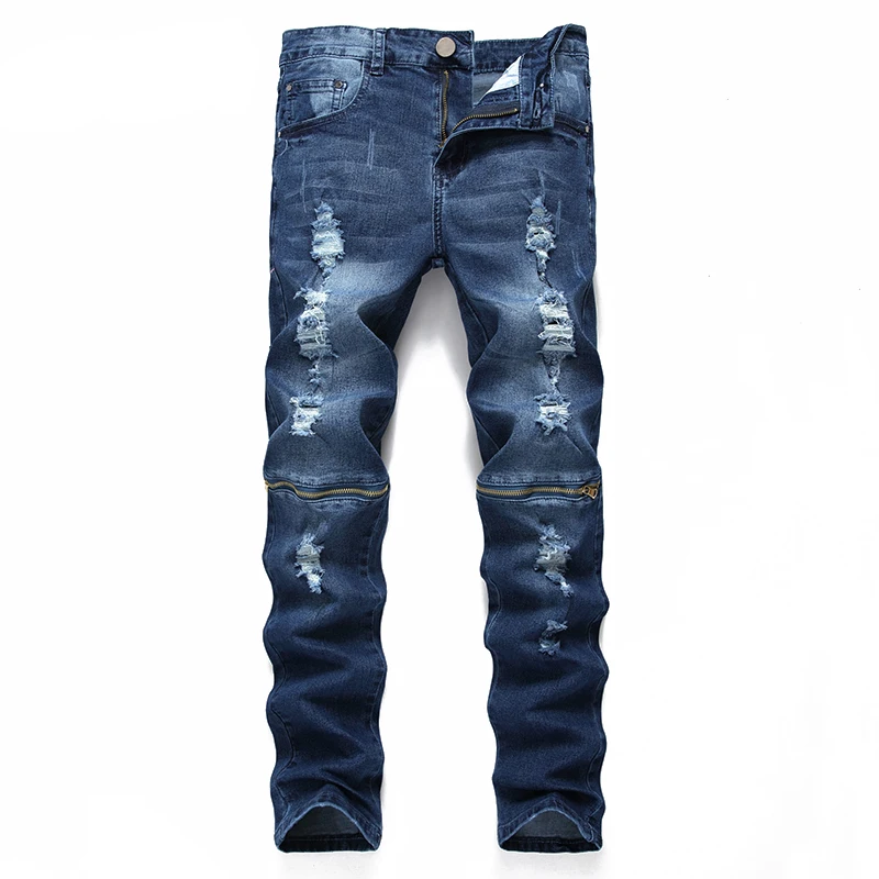 

Ripped Men Jeans Ripped Jeans High Quality 100% Cotton Fashion Designer Jeans Men Straight Dark Blue Print