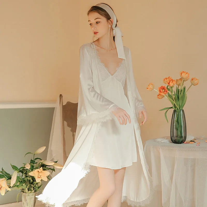 

2021 Spring and Summer Thin Women's Silk Robe Sexy V-neck Lace Bathrobe Solid Color Satin Sling Nightdress Two-Piece Set Pajamas
