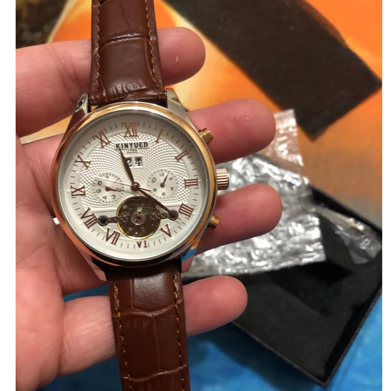 Мужские механические Автоматические наручные часы KINYUED Skeleton Tourbillon спортивные