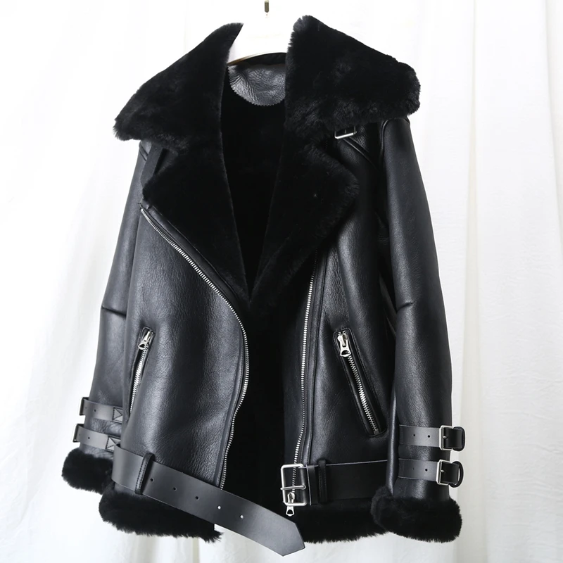 Winter Lamb Fur Bomber Real leather Jacket Women New Sheepskin Double Face Shearling Coat Oversized Genuine Leather Jackets