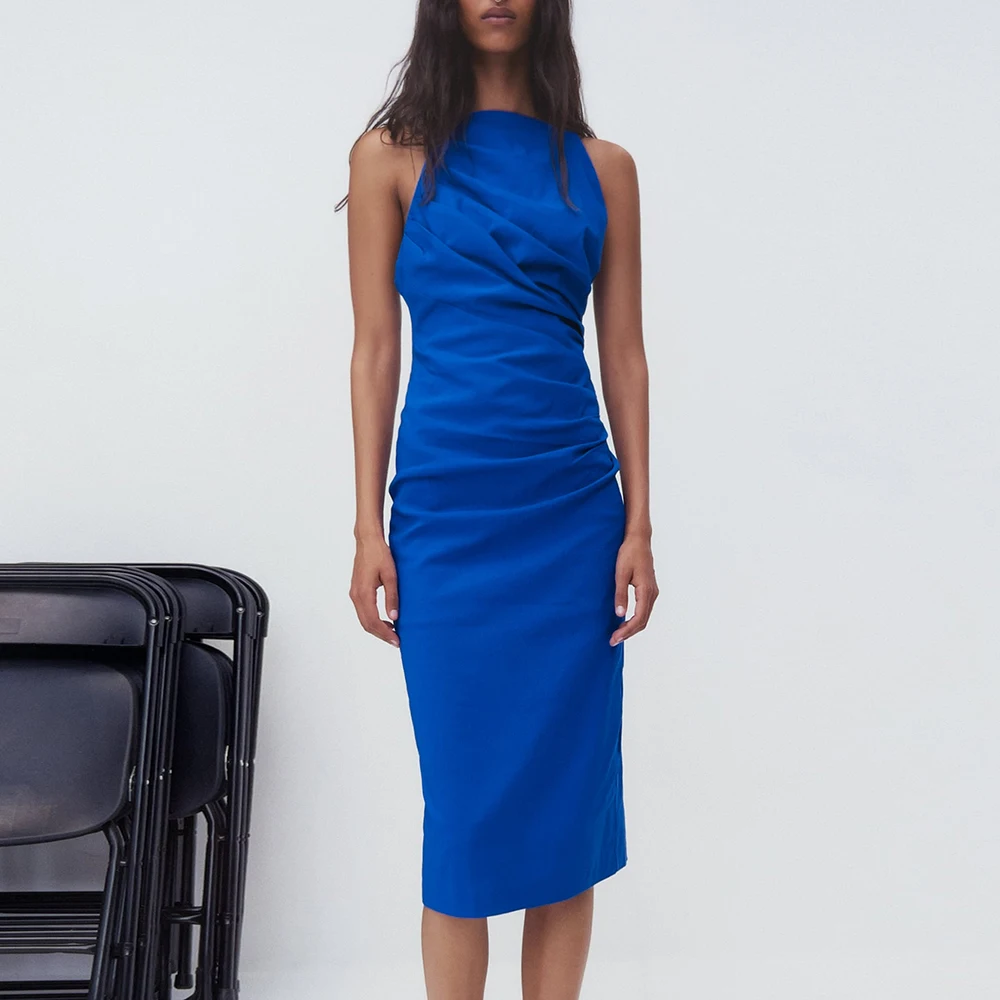

Za Woman 2021 Blue Slip Pleated Women's Summer Casual Dress Sexy Backless Ruched Evening Party Dress Elegant Sleeveless Dresses