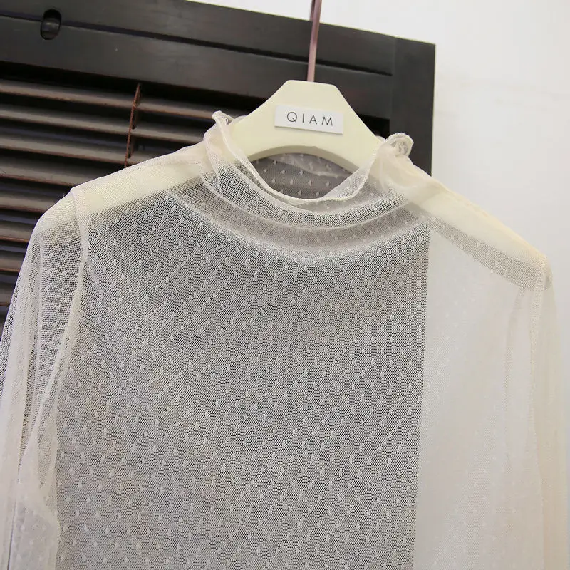 

Женская кружевная рубашка, с длинным рукавом, осенне-зимняя, в мелкий горошек, приятная для кожи кружевная сетчатая блузка, 2021