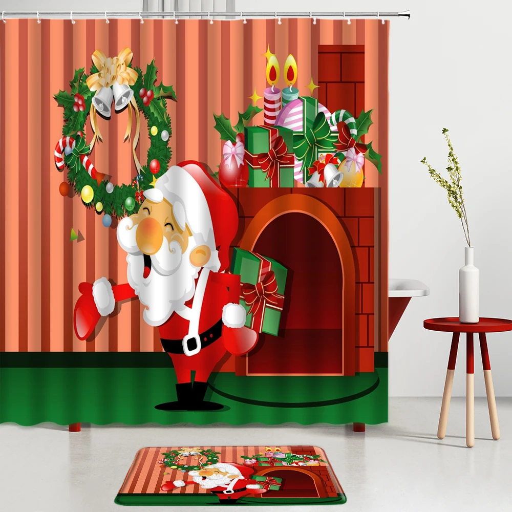 

Santa Claus Pattern Shower Curtains Set Christmas Red Gift Bath Mats Bathroom Room Decoration Bath Screens Non-Slip Carpet