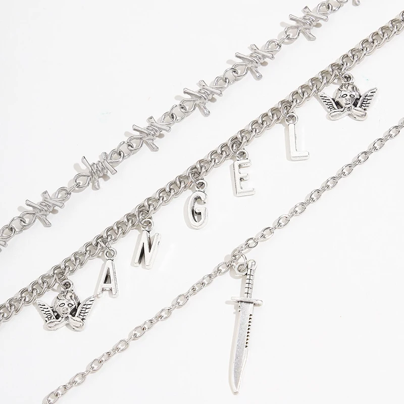 Sindlan 3 слоя Панк Серебряный цвет цепь кулон ожерелье для женщин хип-хоп Ангел