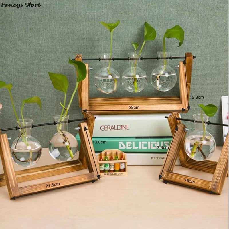 

Office Hydroponic Plants Transparent Glass Beaker Vase Wooden Stand Inns Photo Tools Creative Gift Friend Bookstore Decoration