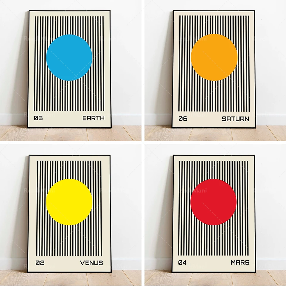 

Earth, Venus, Mars, Saturn, planetary art, abstract linear design, colorful exhibition posters, color posters, color posters, wa