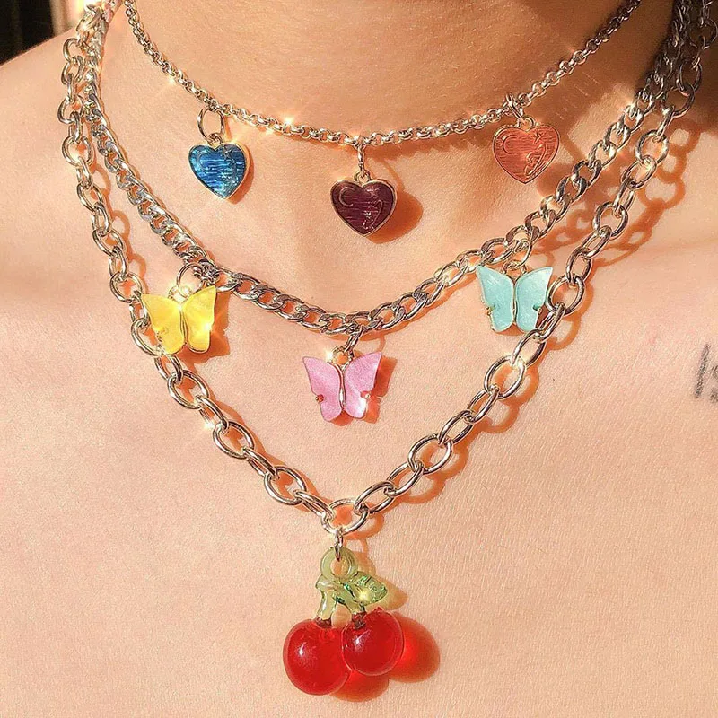 

Vintage Heart Butterfly Cherry Pendant Necklace For Women Girl Fruit Animal Harajuku Choker Necklace Fashion Charm Jewelry New