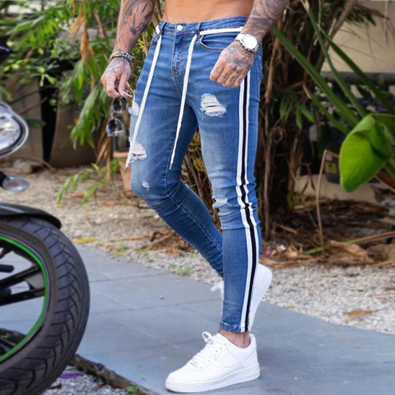 Men's Skinny Stretch Ripped Jeans HipHop Distressed Slim Fit Jean Pants Damaged Denim Street ropa de hombre jeans | Мужская одежда