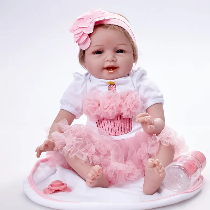 

22inch 55cm Reborn Baby Doll Girl PP filling Silicone With Clothes Feeding Bottle Lifelike Cute Gifts Toy