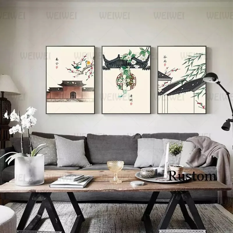 

Canvas Wall Art Tranditional Chinese Posters and Prints Retro Decor Vintage Landscape Paintings for Interior Frameless