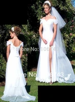free shipping 2016 new hot sale white bridal gown custom size off shoulder sleeves spaghetti straps sweeping train wedding dress