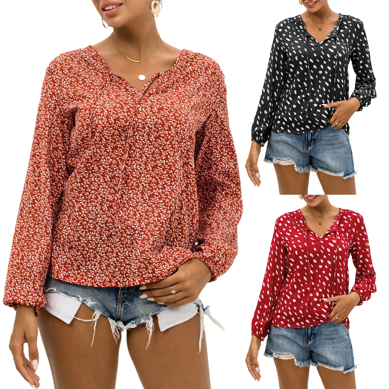 

Women Printed T-shirt, New Fashion Adults Casual Style Puff Sleeve V-neck Pullover With Strap Tops & Tees 2021
