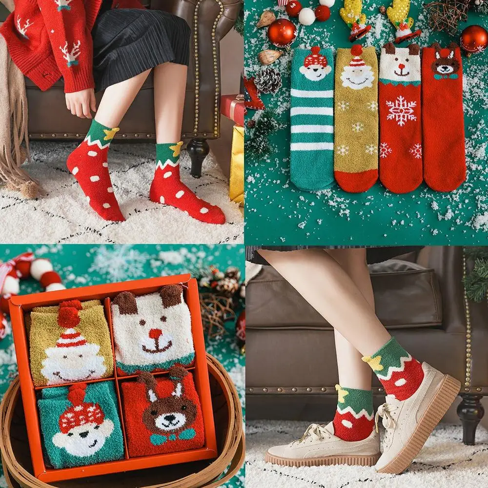 

4 Pairs Autumn Winter Women Kids Slippers Socks Home Christmas Cartoon Elk Floor Socks Plush Non-slip Carpet Fluffy Warm Sock