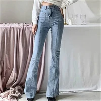 women long flared jeans high waist autumn female denim bell pants vintage streetwear casual slim ladies trousers bottom