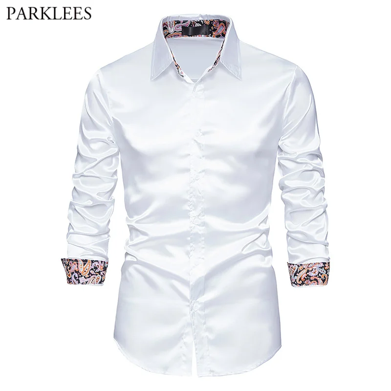 

Stylish Paisley Patchwork Silk Satin Shirt Men 2021 New Slim Fit Mens Dress Shirts Wedding Groom Party Prom White Tuxedo Shirt