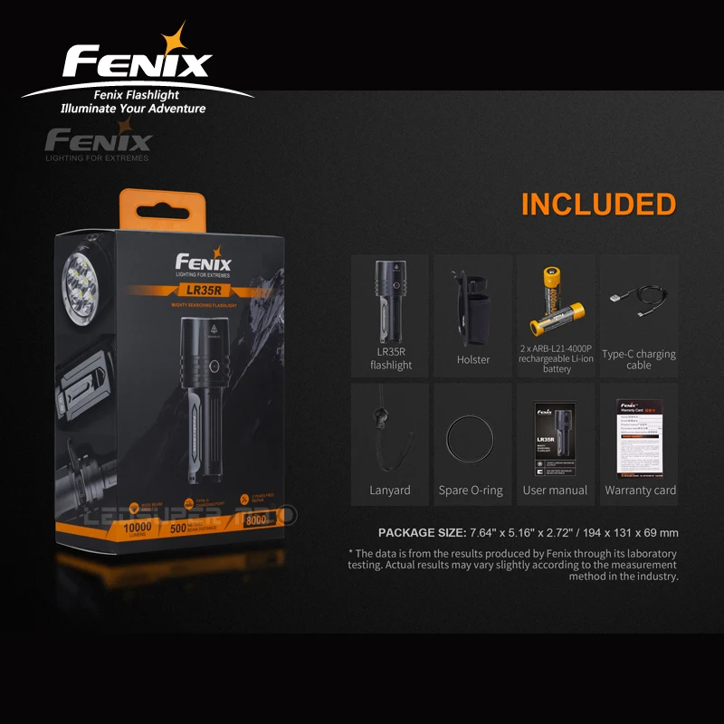 Супер яркий поисковый фонарик Fenix LR35R 10000 люмен с двумя литий ионными батареями 4000