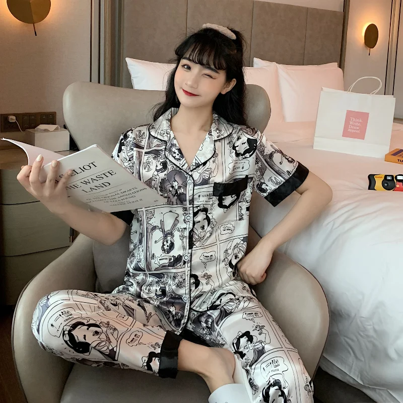 Disney Cartoon Snow White Short Sleeve Silk Pajamas Autumn Women Pajama Sets Silk Pijama Suit Sleepwear Pyjamas Nightwear Set
