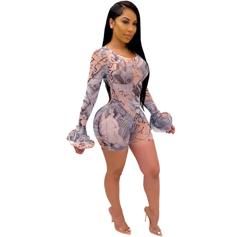 Adogirl Sexy Print Sheer Mesh Short Jumpsuit O Neck Flare Long Sleeve Bodycon Playsuit See Through Romper Fashion Club Outfits