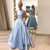 crystal satin long evening dresses 2021 a line o neck sleeveless zipper sashes party prom gowns with pocket floor length