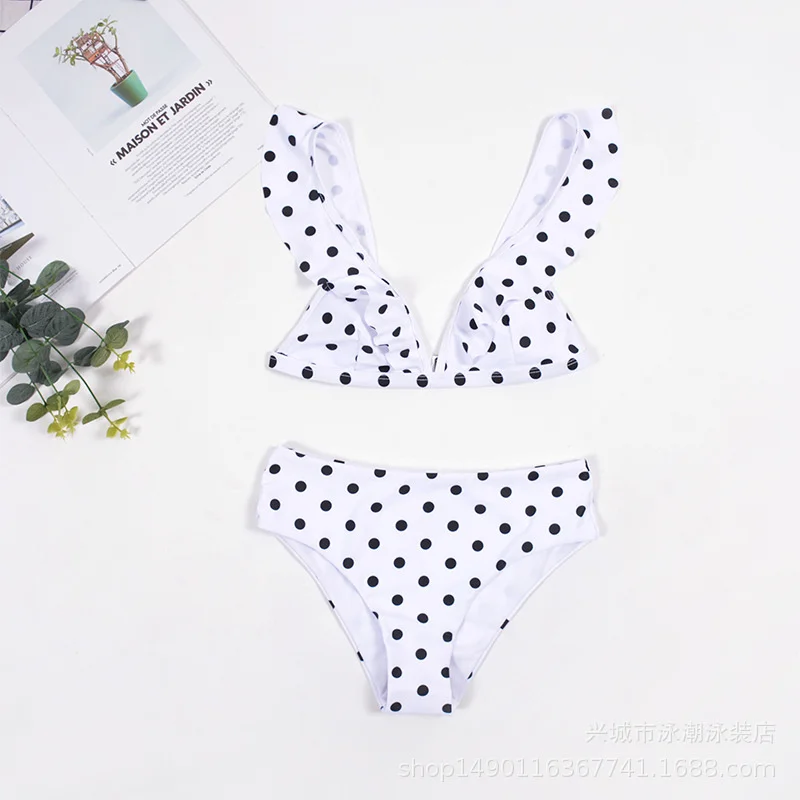 

2021 Ruffled Bikini Women's Split High Waist Black and White Wave Dot Printed Swimsuit Vintage Bottom Retro Bikini