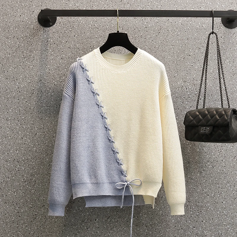 

Blue Long Sleeved Knitted Plus Large Size Oversize Korean Style Fashion Pullovers For Autumn Women'S Clothing Ladies Sweaters