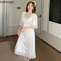 v neck sleepshirts women short sleeve tunic gentle lace slender cozy breathable nightgowns trendy bow temperament lounge females